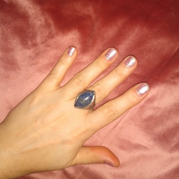Blue Lapis Gemstone Ring Silver Almond Shaped Gem Stone Cutout Design Setting 8 - Picture 3 of 8